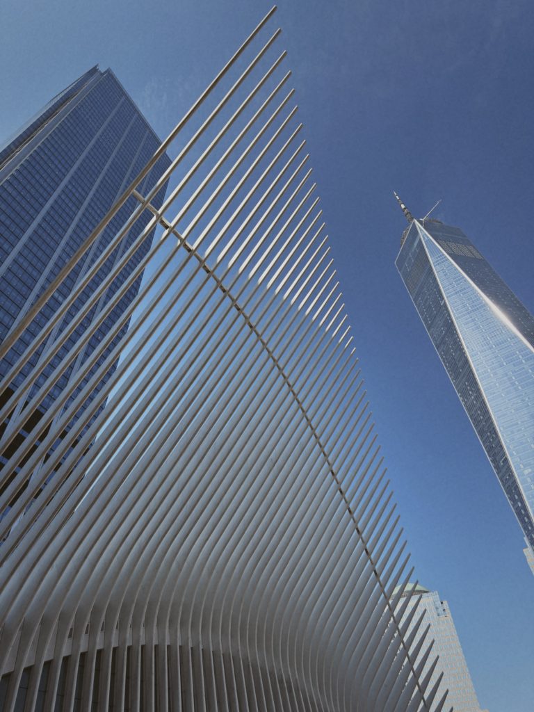 Lower Manhattan skyline and Oculus near Tribeca New York self walking route