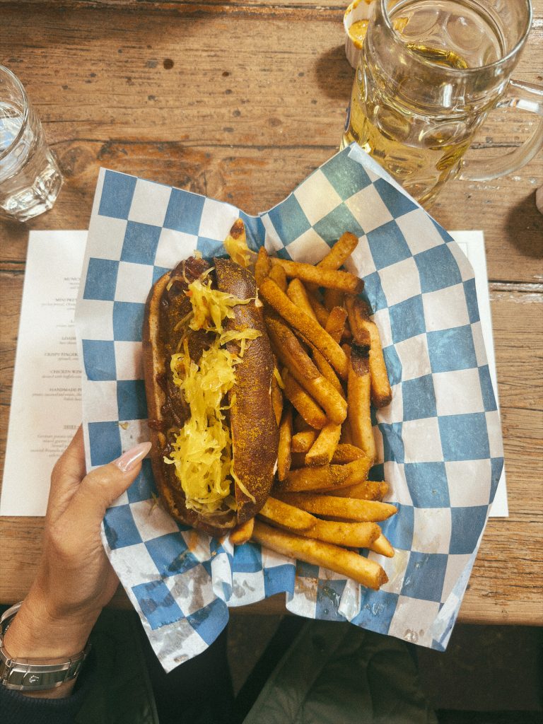sausage and fries at Radegast Hall Williamsburg Brooklyn beer hall