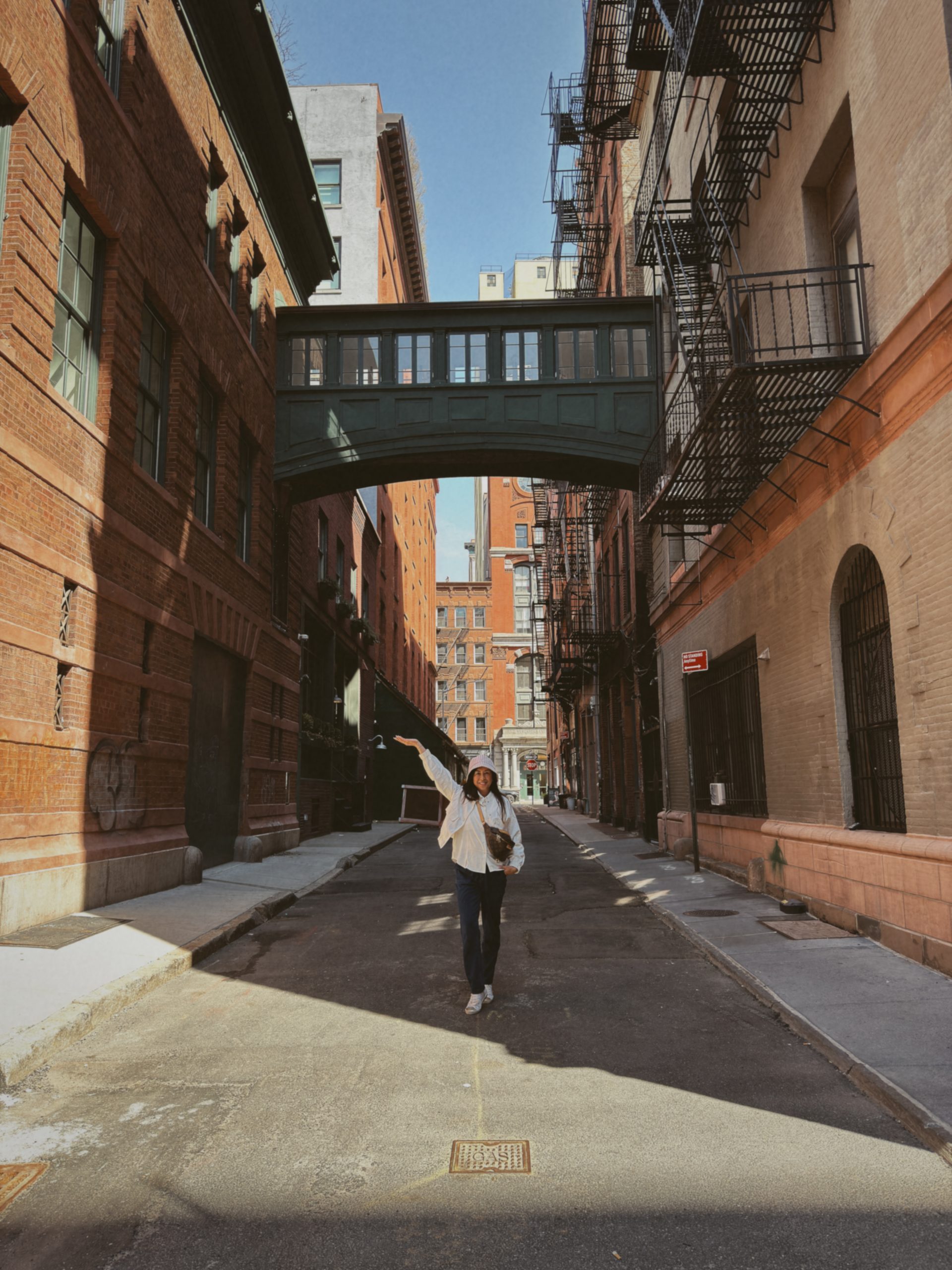 Staple Street skybridge in Tribeca New York with classic cobblestone street view