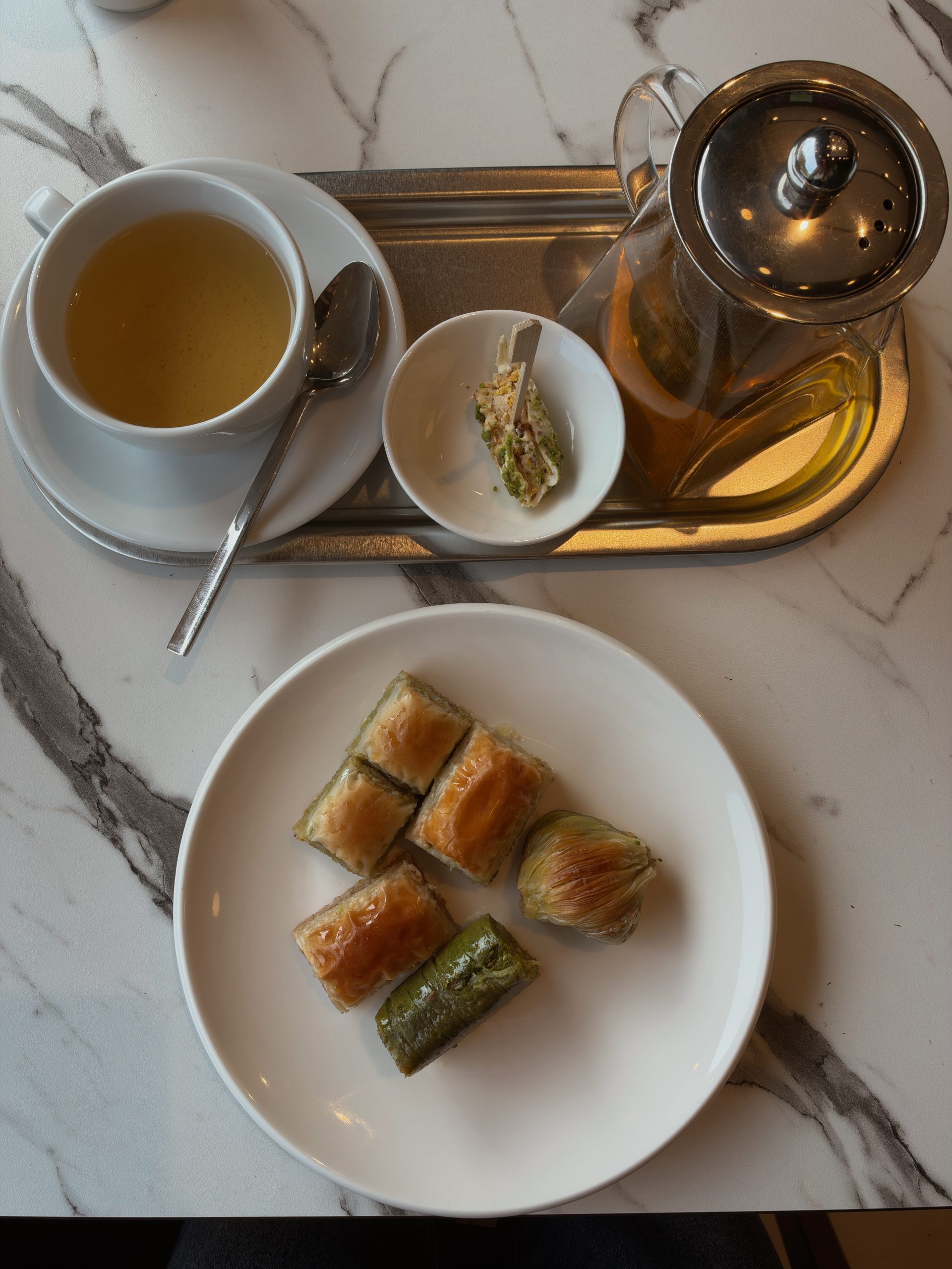 Baklava and Turkish tea served on a tray in Istanbul