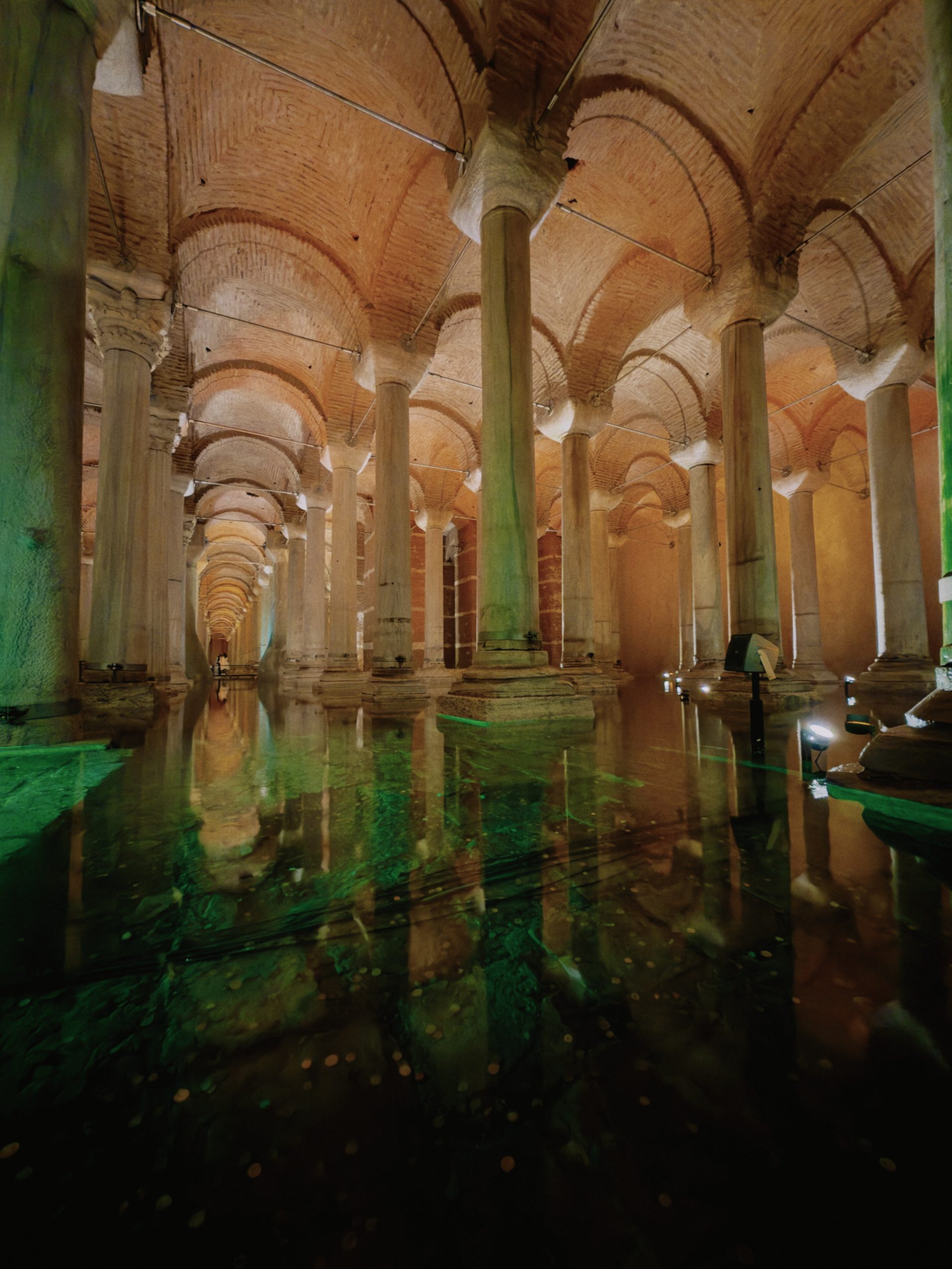 Illuminated columns inside the Basilica Cistern in Istanbul