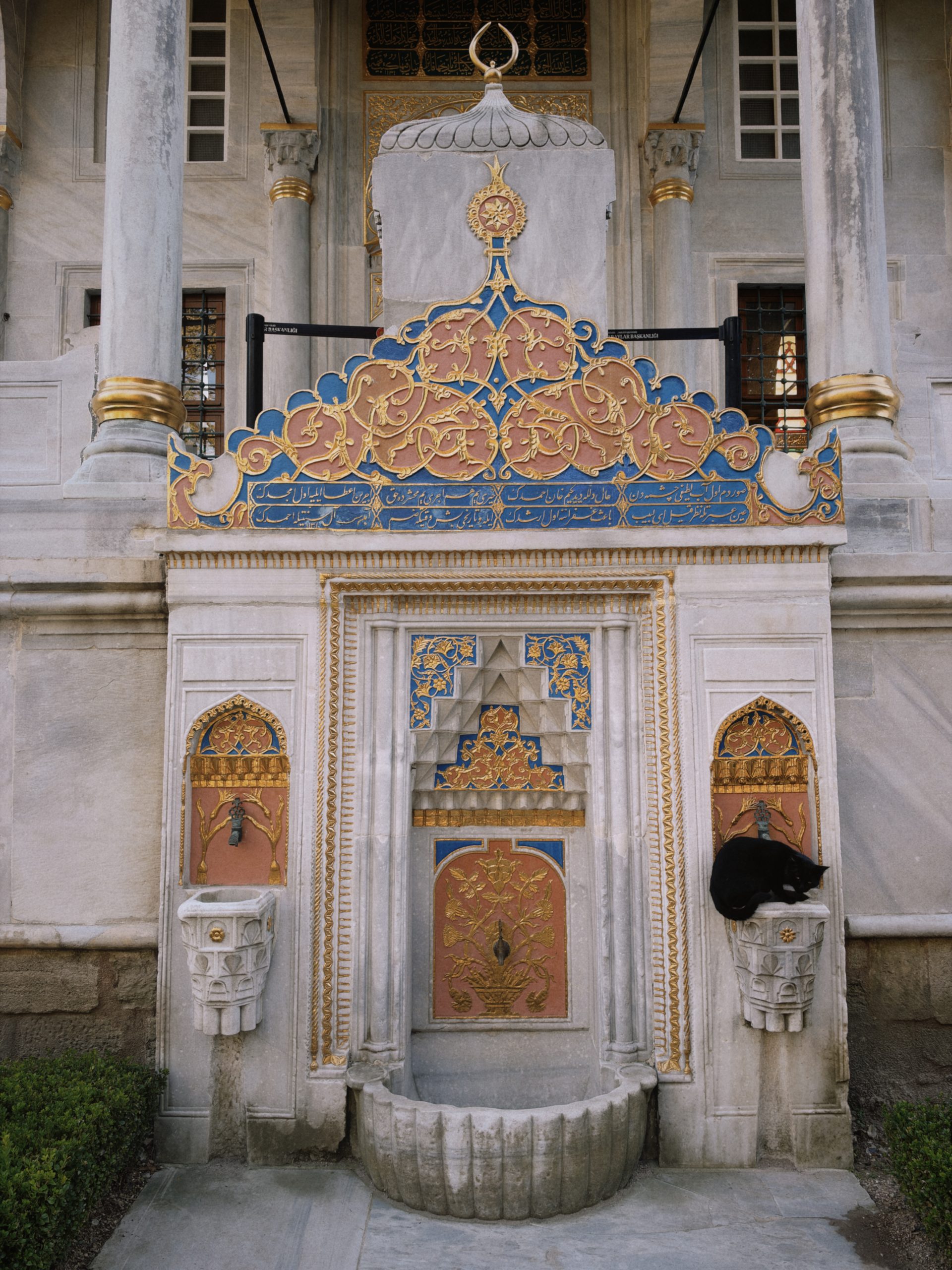 Cat resting beside an ornate Ottoman fountain in Istanbul